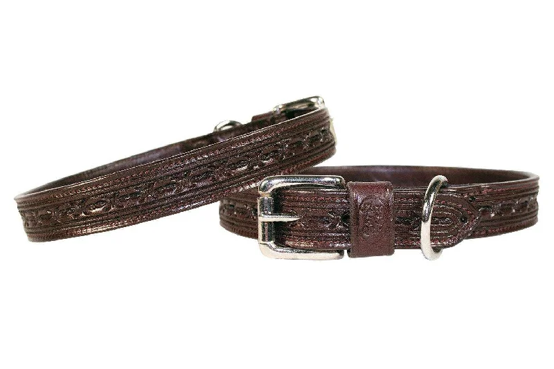 Derby Dog Designer Series Tooled USA Leather Padded Barbwire Dog Collar with Stainless Steel Rolled Buckle for Comfort