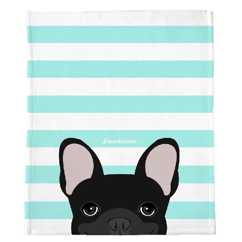 Black French Bulldog on Aqua Stripes | Frenchie Blanket