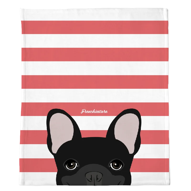 Black French Bulldog on Coral Stripes | Frenchie Blanket