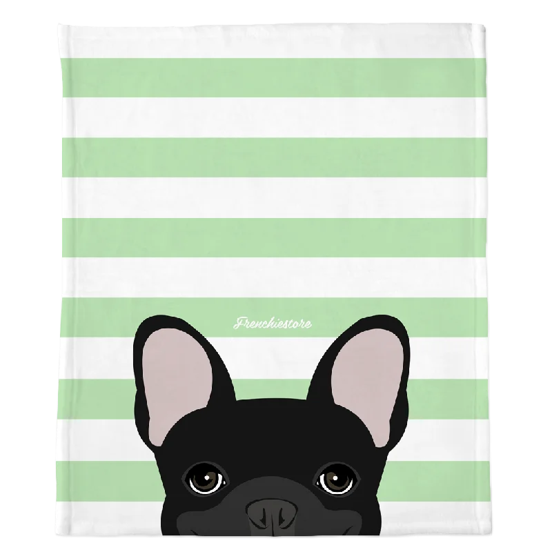 Black French Bulldog on Mint Stripes | Frenchie Blanket