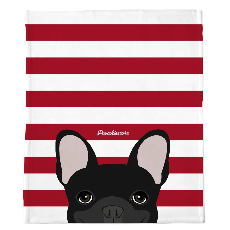 Black French Bulldog on Red Stripes | Frenchie Blanket