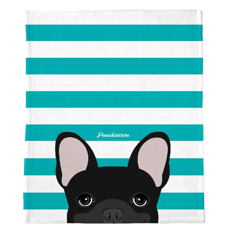 Black French Bulldog on Teal Stripes | Frenchie Blanket