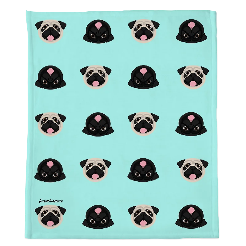 Pug Blanket | Different Pug dogs on Aqua