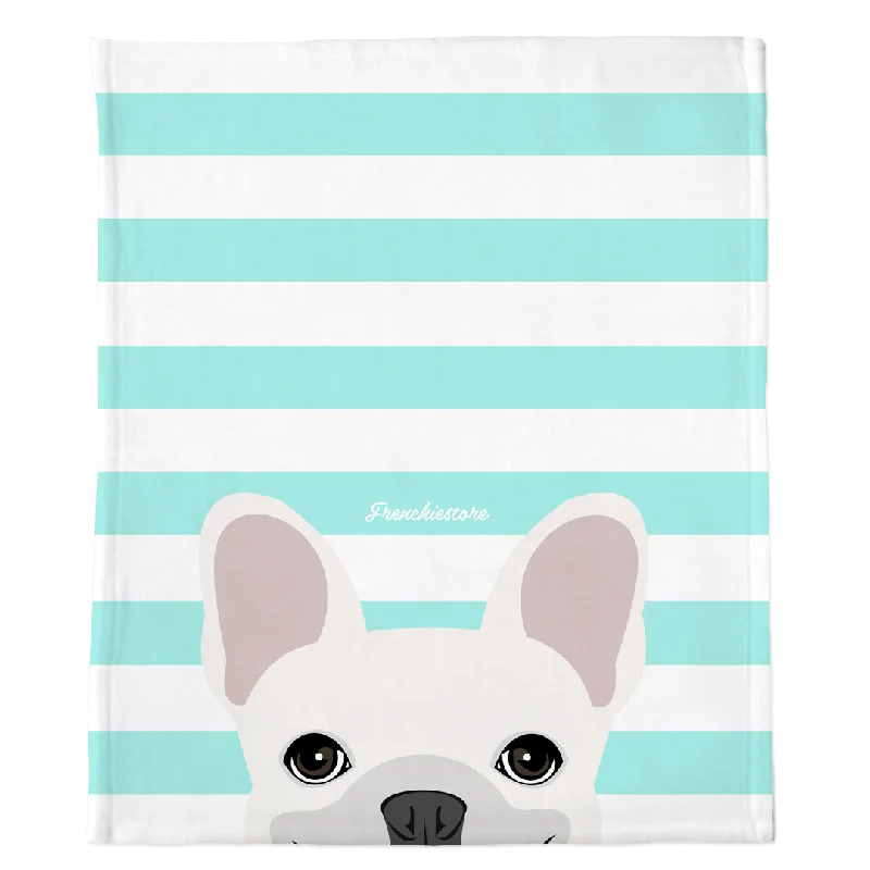 White French Bulldog on Aqua Stripes | Frenchie Blanket