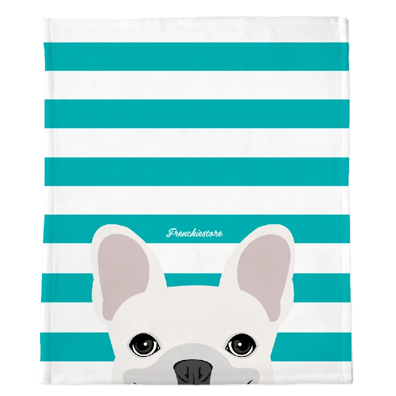 White French Bulldog on Teal Stripes | Frenchie Blanket