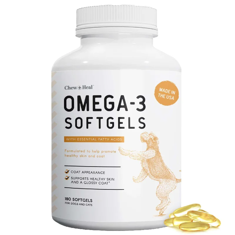 Chew + Heal Omega 3 Fish Oil for Dogs - 180 Softgel Supplements for Healthy Skin and Coat