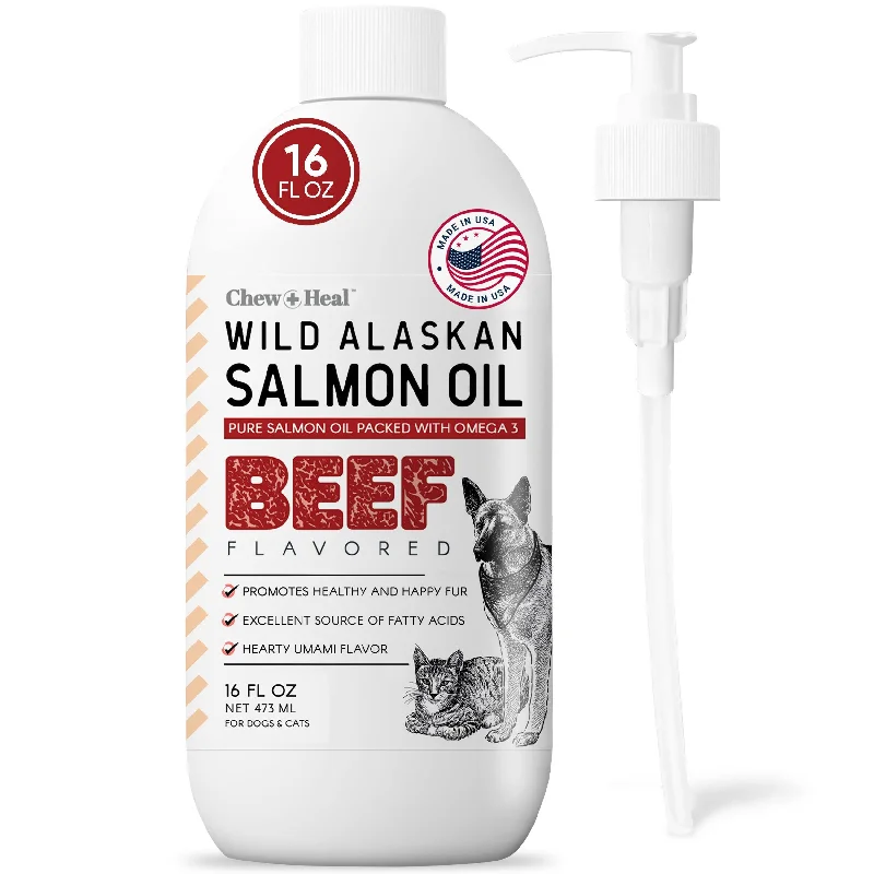 Chew + Heal Pure Wild Alaskan Salmon Oil for Dogs and Cats - 16 oz. Beef Flavored Oil